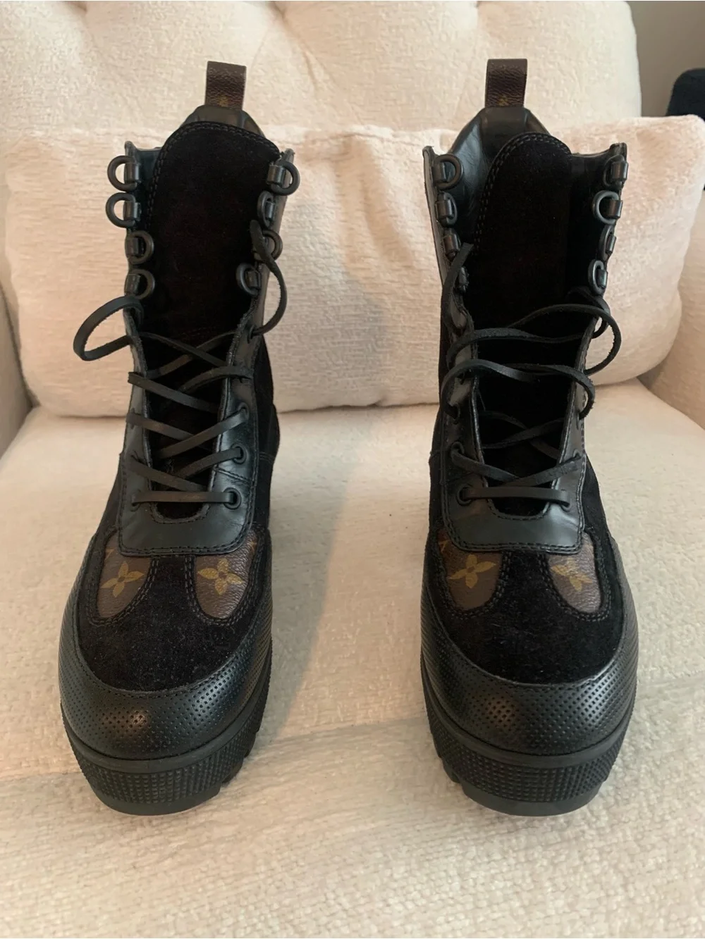 Louis Vuitton Black Lace-Up Platform Combat Boots with Pink and Blue Patches